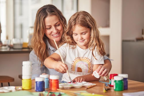 Mother, girl and painting art as a stredd reliever for autism.