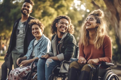 Company of happy people with disabilities in a wheelchair outdoors