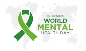 Header World mental health day. October 10. Green awareness ribbon icon vector isolated on a white background.