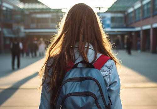 girl starting new school and feeling nervous as she approaches it