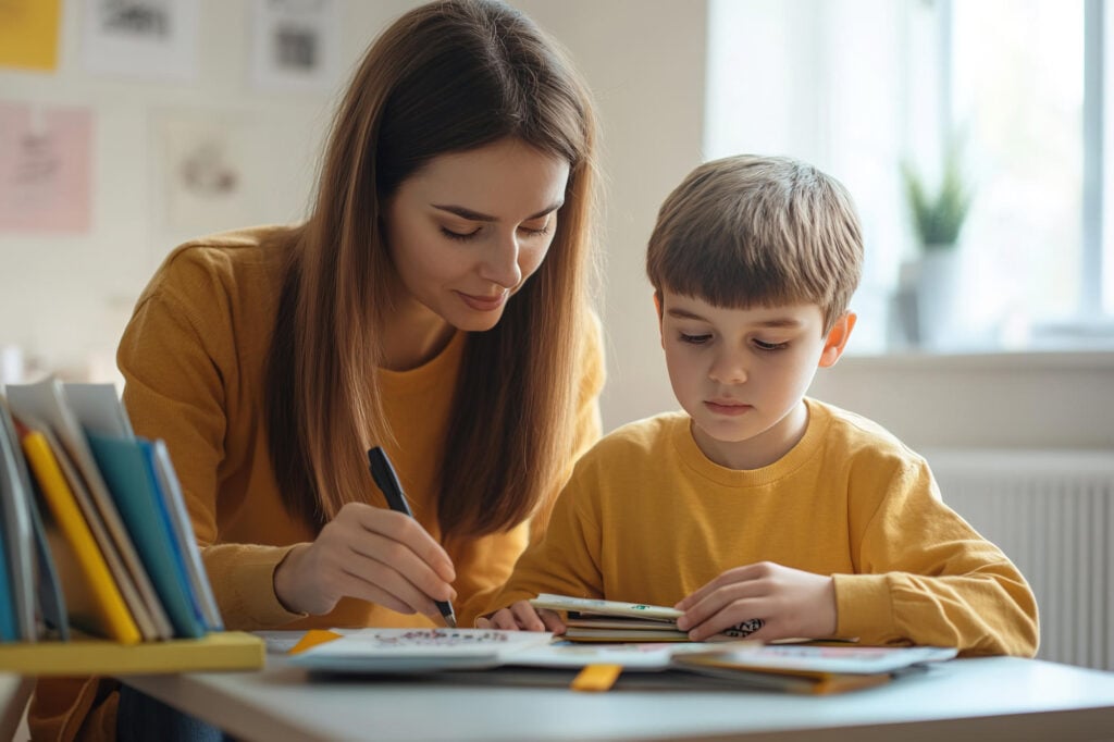 Teacher helping boy with dyslexia at desk