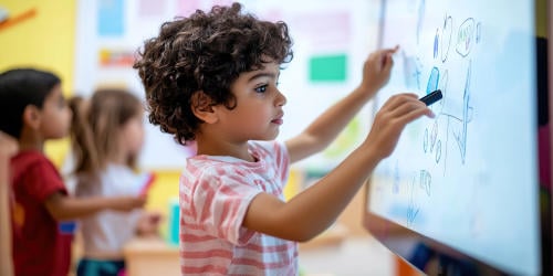 A young boy with curly brown hair writes on a large interactive whiteboard in a classroom. 