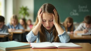 Frustrated Girl Studying In Classroom showing signs of dyslexia