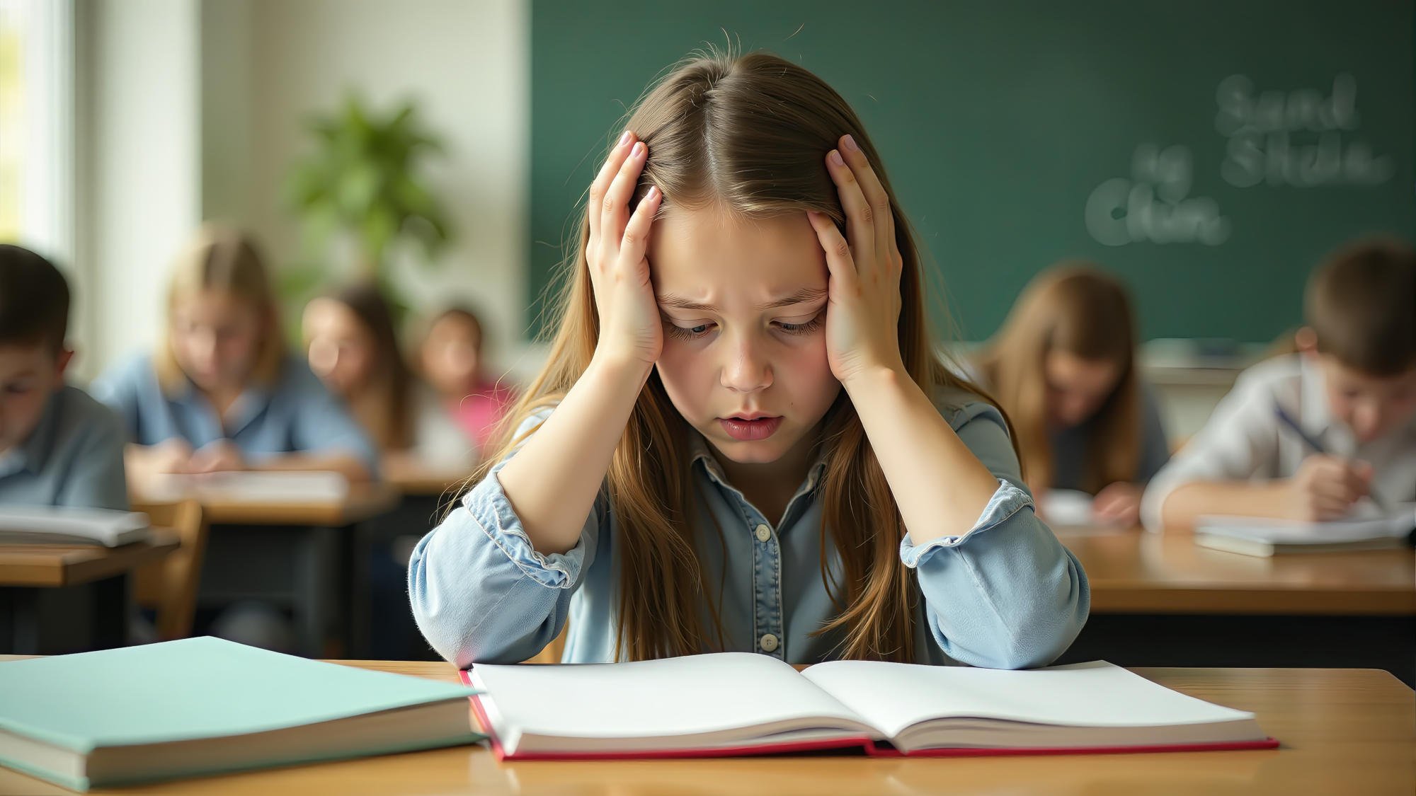 Frustrated Girl Studying In Classroom showing signs of dyslexia