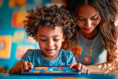Teacher helping a young african-american boy with autism to use a tablet for educational purposes in a colorful classroom