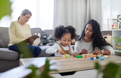 Play therapy, psychologist and counseling with kid and mother for assessment, sensory stimulation and observation. Healthcare, behavior response and emotion regulation with people for adhd plan.