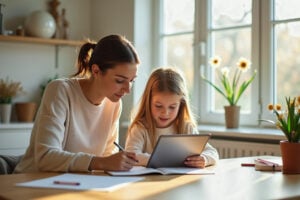 mother helping dyslexic child with homework