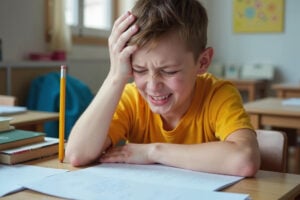 Frustrated boy holding head over homework at school desk