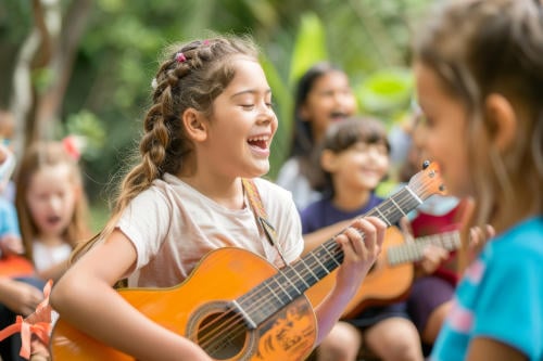 Group of children engaged in joyful singing and playing guitar at an outdoor summer camp.