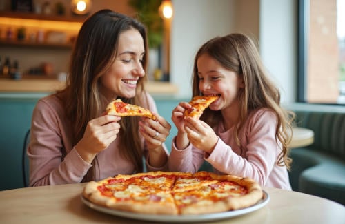 Smiling mother and daughter enjoy eating pizza together at restaurant. Happy family meal with Italian fast food. Tasty, delicious lunch snack. Cute little girl mom portrait.