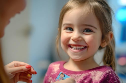 Smiling Little Girl with Sticker Receives Another Sticker from Parent