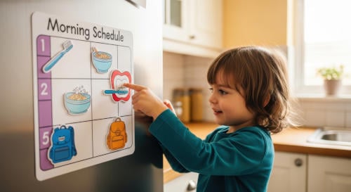 Child pointing at morning schedule chart 