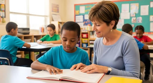 Teacher assisting a dyslexic child, friendly interaction, diverse classroom with educational materials