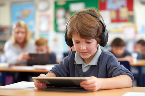 Child with dyslexia learning with a tablet using assistive technology, classroom setting, supportive teacher in background, inclusive education.