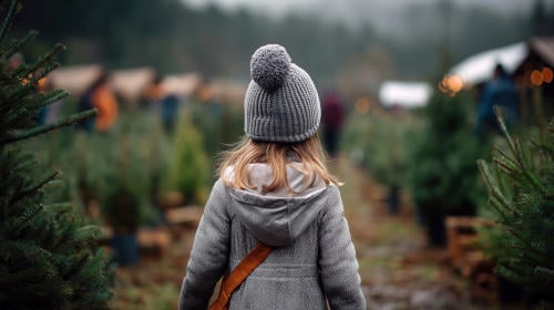 A Young Child in a Cosy Hat Exploring a Lush Christmas Tree forest looking for elves