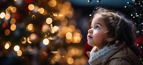 Young cute girl in awe of twinkling lights and ornaments at Christmas