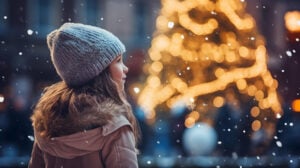 Little girl in a hat and coat on the background of a Christmas tree, christmas market, winter season, happy holidays