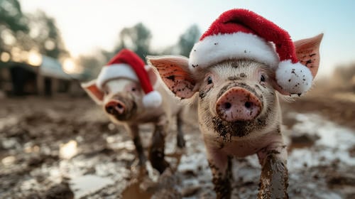 Two adorable pigs joyfully wearing festive Santa hats while exploring a muddy farm