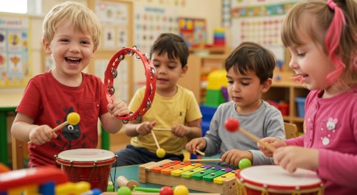 children communicating in classroom with music