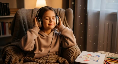 Young child with autism peacefully listening to music with closed eyes, feeling calm and sensory regulation using headphones in therapy home environment.