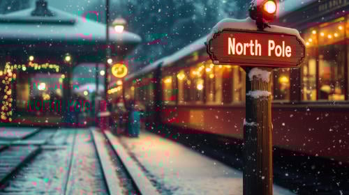 North Pole Train station with Christmas Santa express train awaiting for children