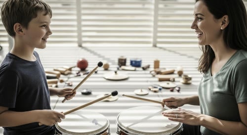 A young boy joyfully engages in a music therapy session with his teacher, learning rhythm and coordination by playing drums together