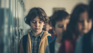 child suffering traum at school, looks sad