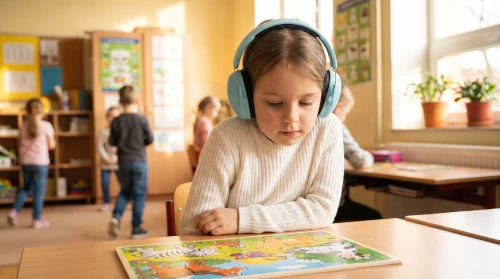 child benefiting from support in primary school looking at pictures peacefully