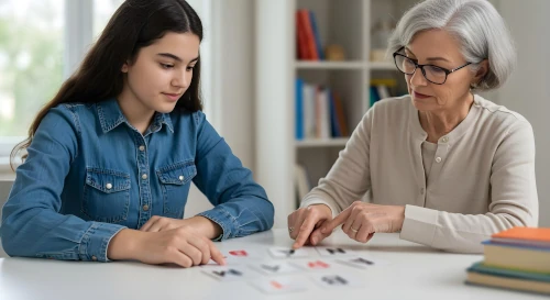 tutor with teen girl supporting dyslexia work