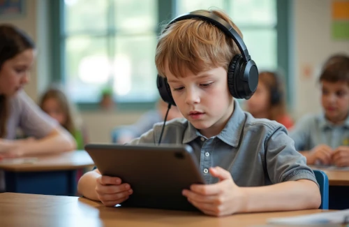 child learning online in classroom