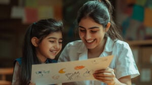 tutor enjoying child's drawing together to show confidence