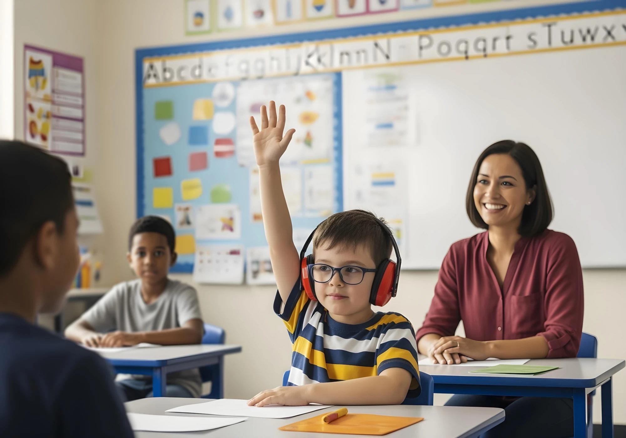 child wearing sound blocking device in school