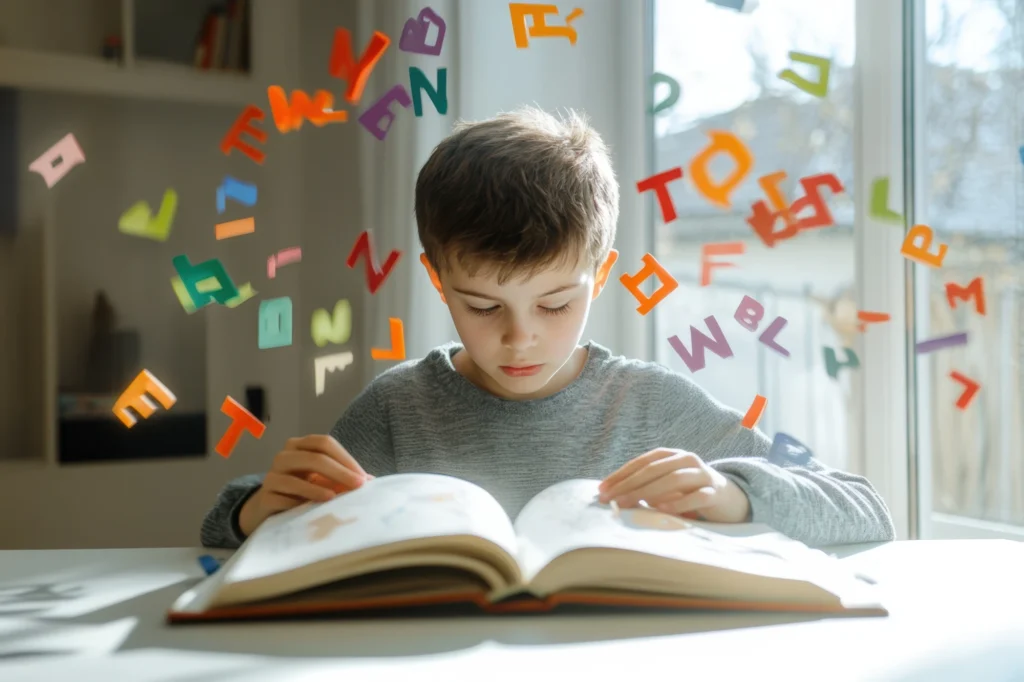 dyslexic child with lots of letters behind him infering he is dyslexic