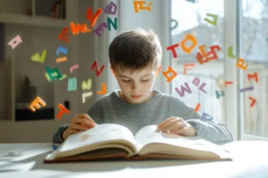 dyslexic child with lots of letters behind him infering he is dyslexic