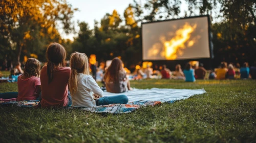 kids watching outdoor cunema at SEND summer camp