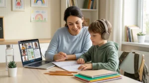child with parent learning at home